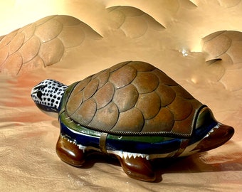 Vintage Mid Century Modern Signed Ceramic and Brass Turtle