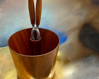 Vintage Teak Nut Bowl With Original Nut Cracker Rainbow Design Sweden