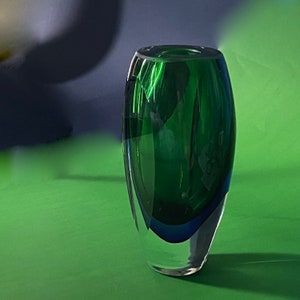 A Quite Nice Large Vintage Kosta Boda Vase in Three Colors Clear- Blue And Emerald