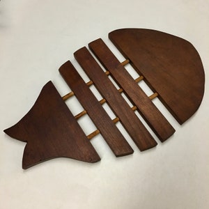 A Fun Large Vintage Modern Danish Doweled Teak Trivet In Fish Form
