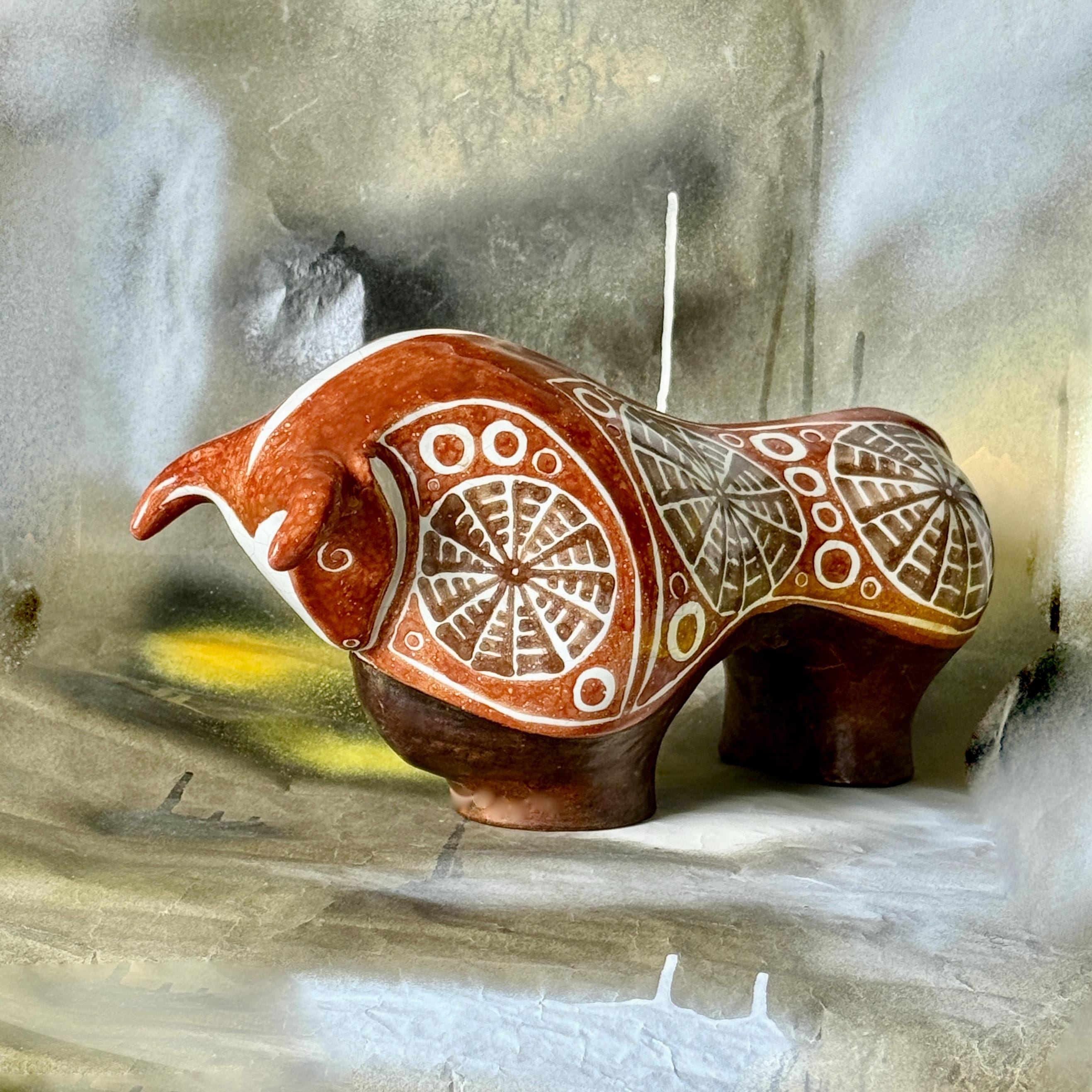 An Exiciting Vintage XL Glazed Ceramic Bull Leather Wrapped Base