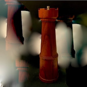 A Large Vintage Teak Mid Century Modern English Pepper Mill Chess figure