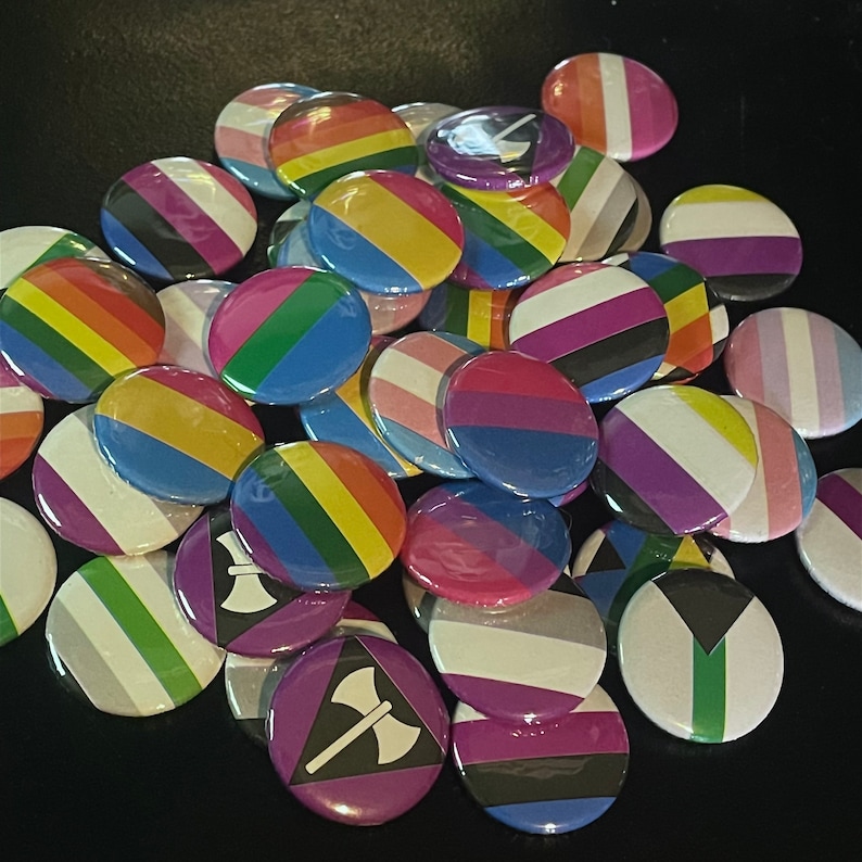 Pride LGBT gay bi rainbow lesbian trans enby nb pan poly demi ace aro pins buttons accessories flag inclusivity feminist 