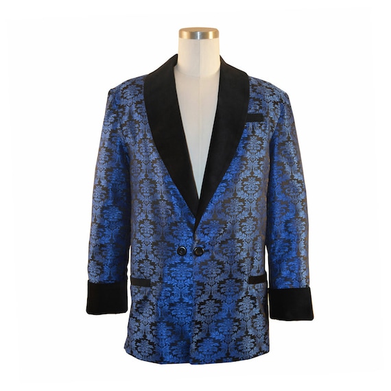 Blue Brocade Men's Smoking Jacket | Velvet Collar, Made in USA