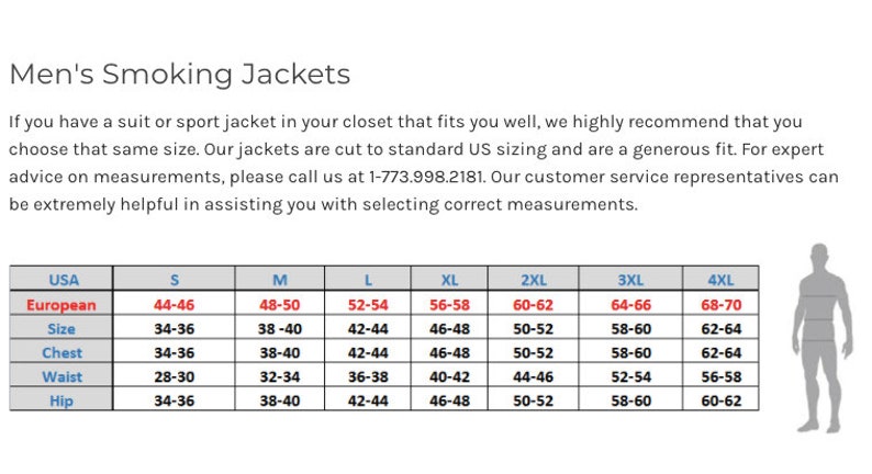May include: A size chart for men's smoking jackets. The chart shows the corresponding US and European sizes for chest, waist, and hip measurements. The chart also includes a silhouette of a man wearing a jacket.