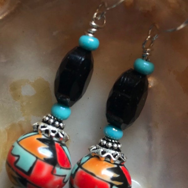Festive Porcelain and glass earrings, Southwestern shades on porcelain and glass earrings. Boho chic earrings