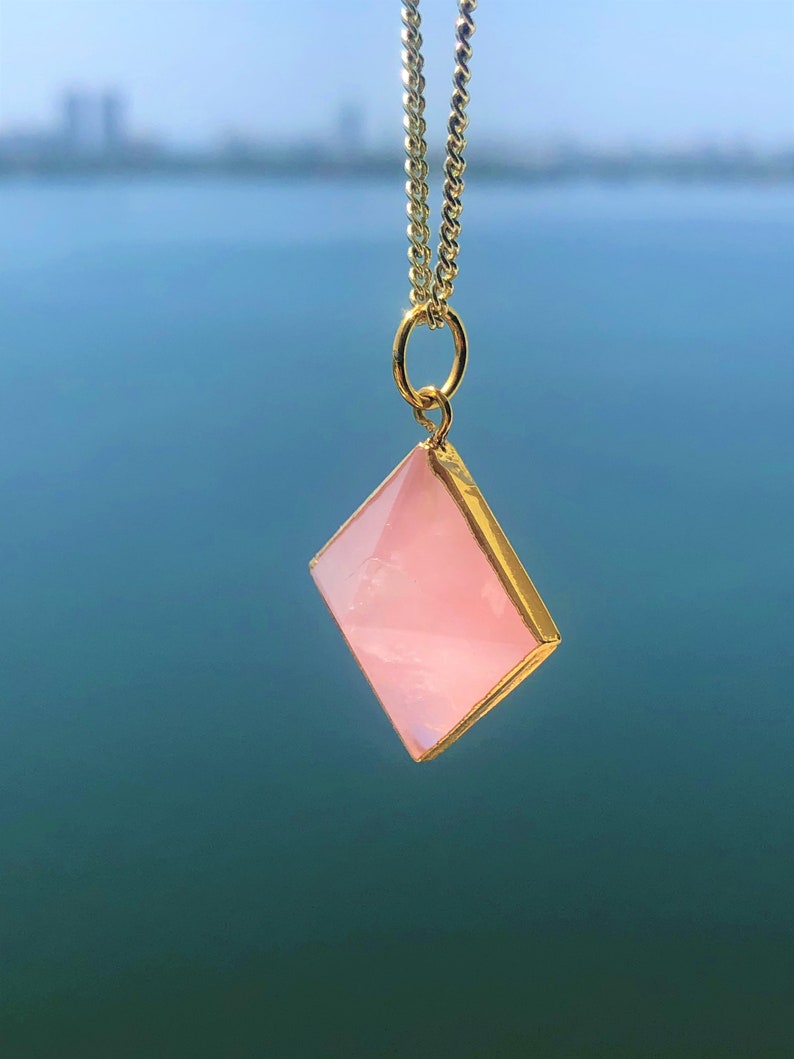 Rose Quartz Necklace Pendulum Pyramid Pendant ZEN Heart Chakra Crystal Jewelry Set with Reiki Gift for Her