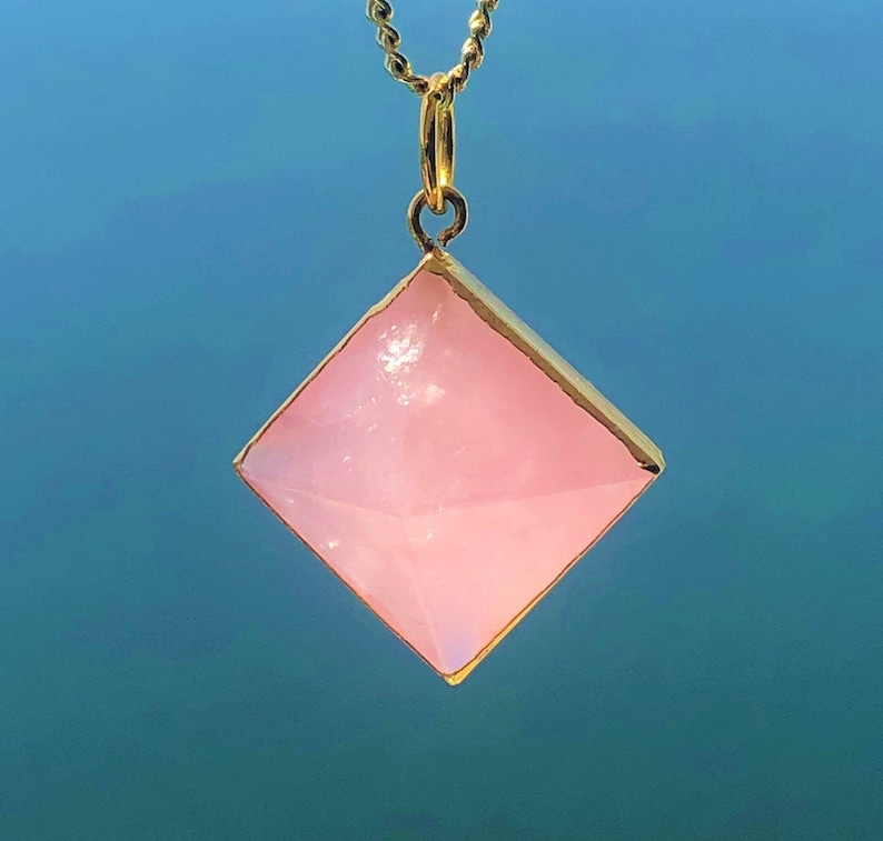 Rose Quartz Necklace Pendulum Pyramid Pendant ZEN Heart Chakra Crystal Jewelry Set with Reiki Gift for Her