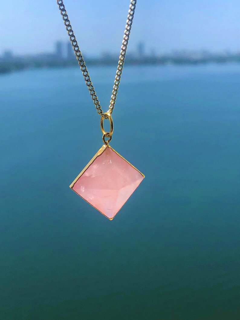 Rose Quartz Necklace Pendulum Pyramid Pendant ZEN Heart Chakra Crystal Jewelry Set with Reiki Gift for Her