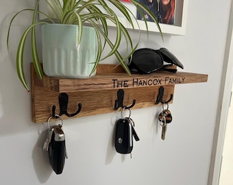 English Oak Engraved and Waxed Key Holder and Shelf