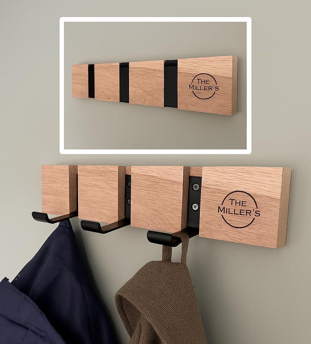 Hidden Hook Oak Modern Coat Rack 3, 4, 5 or 6 Hooks. Can Be ...