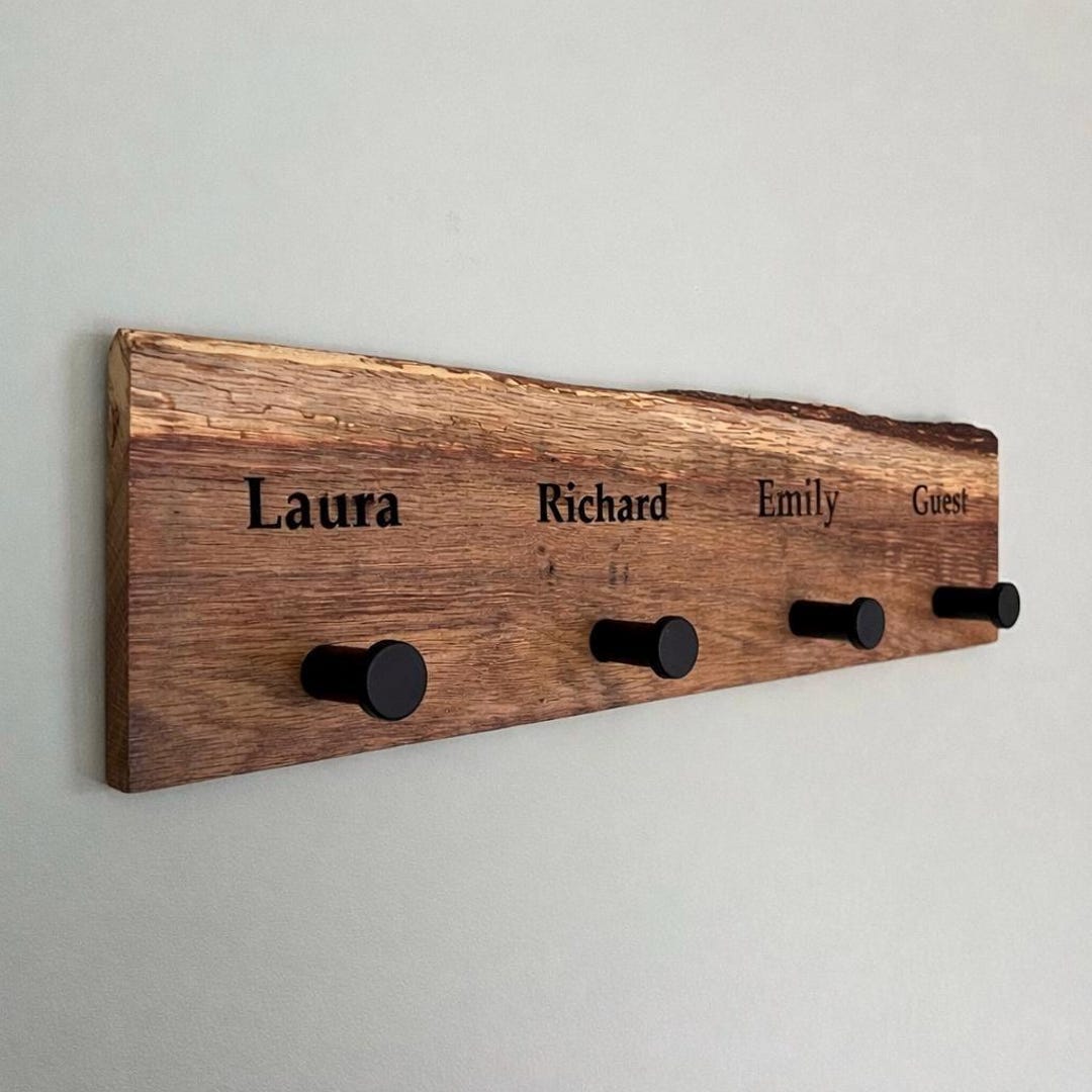 English Oak Coat Rack With Personalised Engraved Names and Matte Black ...