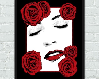 Floral Roses Portrait Femme Fatale Noir Romantic Black and White Poster Print Wall Art