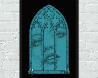 Surreal Dreamy Mysterious Castle Girl Dot Art Poster Print