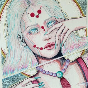 May include: Watercolor portrait of a person with light blue hair and eyes, adorned with red dots and long, turquoise nails. A beaded necklace with a turquoise pendant and a red tassel is visible. The artwork has a detailed, ethereal style.