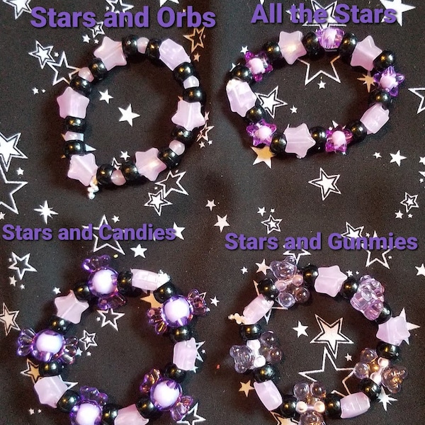 Purple Glow in the Dark Star Heart and Moth Charm Kandi Bracelet