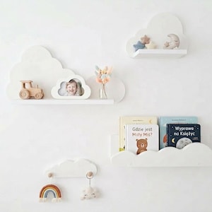 Wandplankenset met wolkenmotief voor de kinderkamer | Kinderkamerdecoratie | Boekenplank met wolkenmotief | Zwevende wandplanken | Montessori-decoratie voor de kinderkamer | Wandhaken