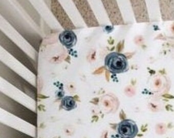 Floral Crib Sheet, Crib Bedding Girl, Watercolor Floral Baby Bedding, Blush Pink and Navy Blue, Changing Pad Cover, Nursing Pillow Cover