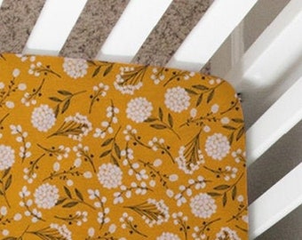 Mustard Floral Crib Sheet: Dandelion Wildflower Baby Bedding
