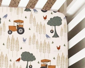 Farm Crib Sheet, Changing Pad Cover, Nursing Pillow Cover, Mini Crib Sheet, Bassinet Sheet, Baby Bedding, Nursery Decor, Chickens, Tractor