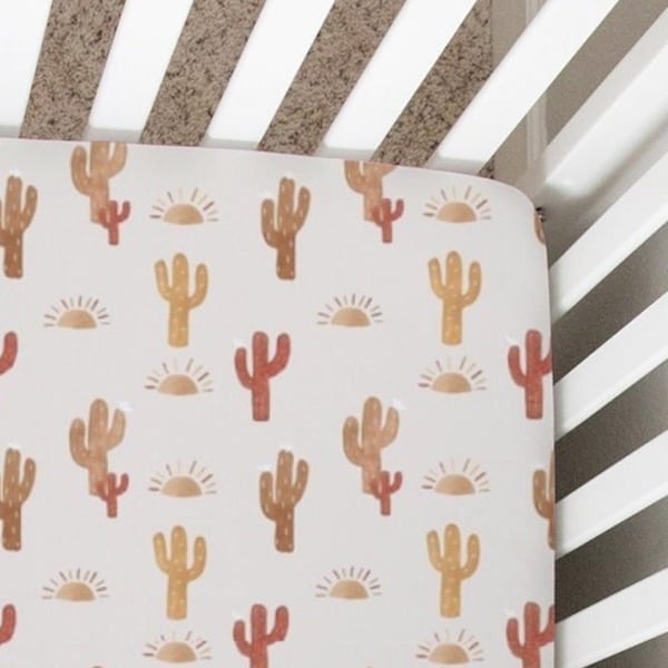 Desert Cactus Crib Bedding, Crib Sheet, Changing Pad Cover, Mini Crib Sheet, Earth Tones, Southwest, Neutrals, Sun, Cacti, Baby Bedding