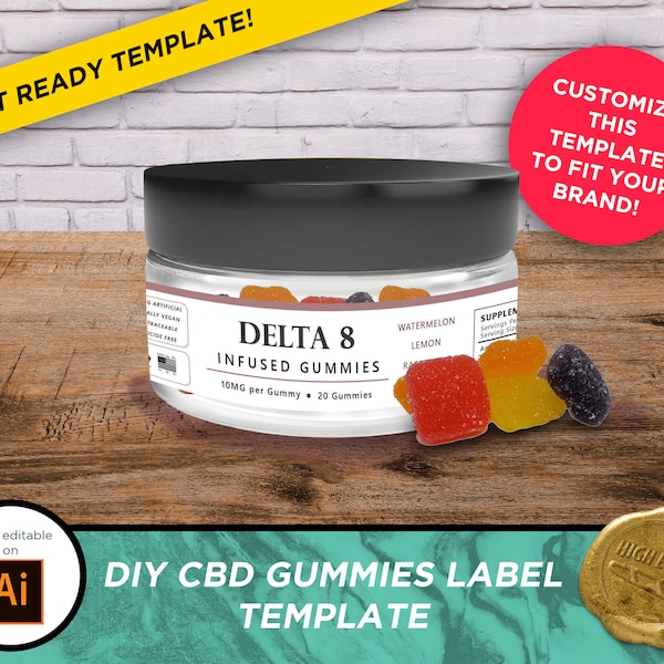 DIY CBD Delta 8 Gummies Vintage Label Jar Template for your Cannabis business. Dispensary