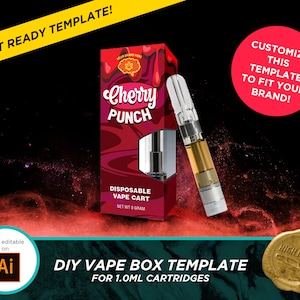 Könnte beinhalten: Eine DIY-Vape-Box-Vorlage für 1,0-ml-Kartuschen. Das Design zeigt eine rote Box mit dem Text "Cherry Punch" und eine Einweg-Vape-Kartusche. Das Bild enthält den Text "Print Ready Template!" und "Customize this template to fit your brand!"