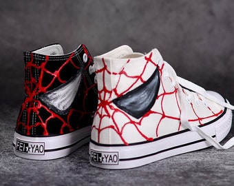 Spider Man sneakers high top shoes Peter Parker hand painted shoes black tennis shoes Spider canvas shoe