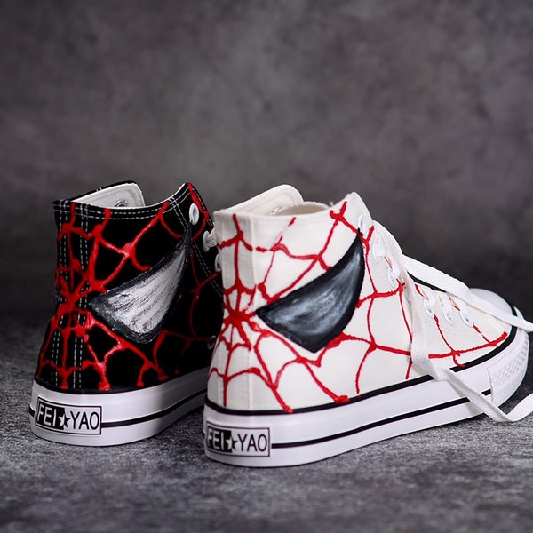 Spider Man sneakers high top shoes Peter Parker hand painted shoes black tennis shoes Spider canvas shoe