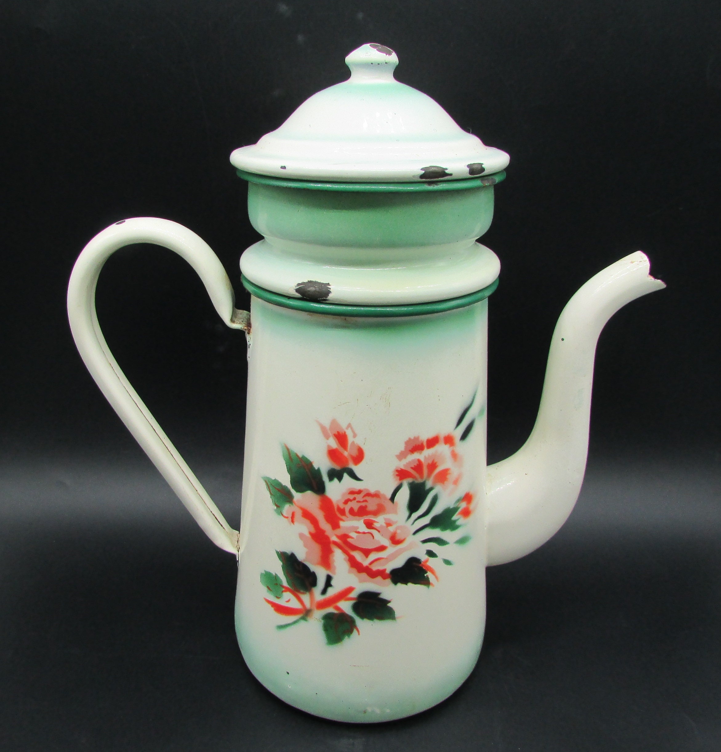 Ancienne Cafetière Tôle Émaillée Décor de Roses