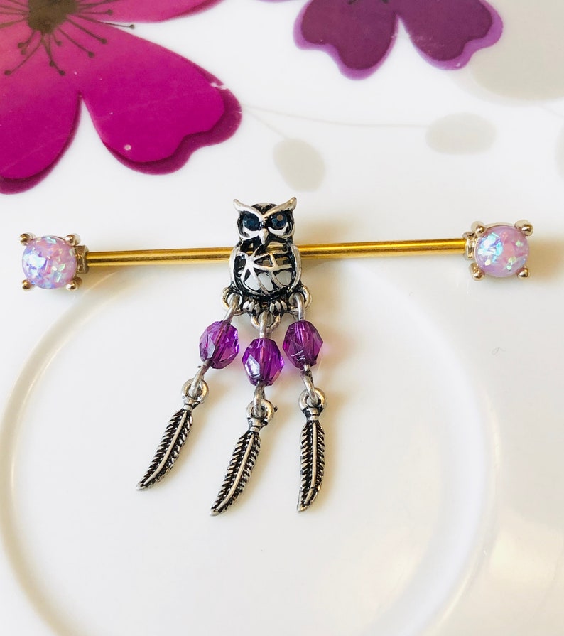 Industrial Barbell With Owl Dangle Charm