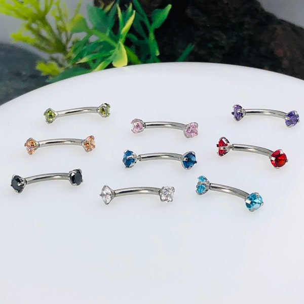 16g, 316L Surgical Steel Dainty Curved Crystal Eyebrow Barbell Internally Threaded Snug Rook Minimal Body Jewelry 6,8mm With Multi Colour CZ