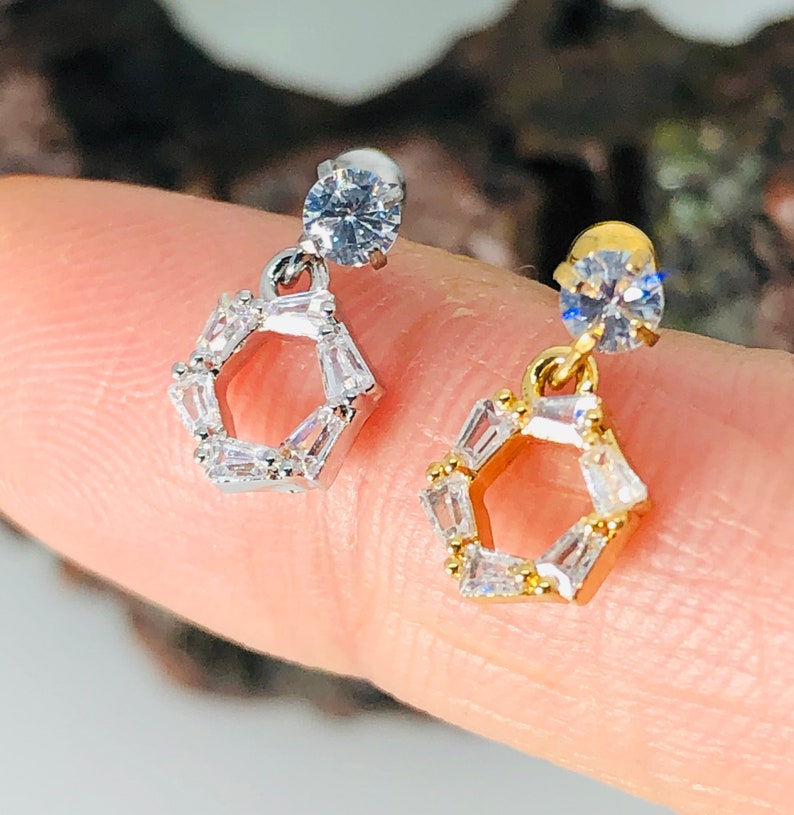 20G Crystal Hexagon Dangle Ear Stud Barbell Earrings 18K Gold Etsy