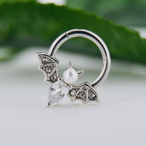 16g, 316L S/S Pearl Bat Charm Segment Ring Conch Tragus hoop, Daith, Rook, Nose ring, Septum clicker, Hinged, Segment piercing