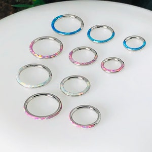 16G, 6,8,10mm Opal Inlayed Dainty Conch Tragus Hoop, daith, rook piercing, nose ring, septum clicker, hinged, segment , piercing