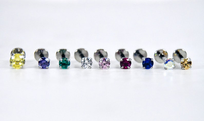 10mm Bar 3,4,mm Multi Colour CZ Cartilage Stud Tragus Helix Lip Stud 8 16G Jewelled Labret Stud Internally Threaded 316L Stainless Steel 6