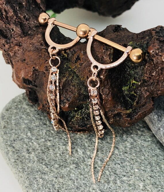 14G Crystals Hanging Beaded Line Golden 316L Surgical Steel Nipple Clicker Sold Individually 14G Crystals Hanging Beaded Line Golden 316L Surgical Steel Nipple Clicker Sold Individually