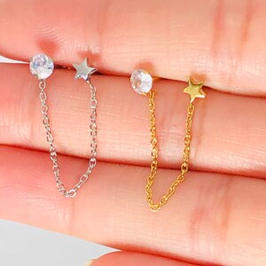 20G Crystal Barbell Cartilage Double Ear Stud Piercing Conch Helix Stud Earring High Quality Body Jewellery Star Stud With Chain & Crystal