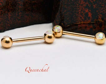 14G 316L chirurgisch staal rose goud roze opaal - zoals hars dubbele edelsteen tepel bar