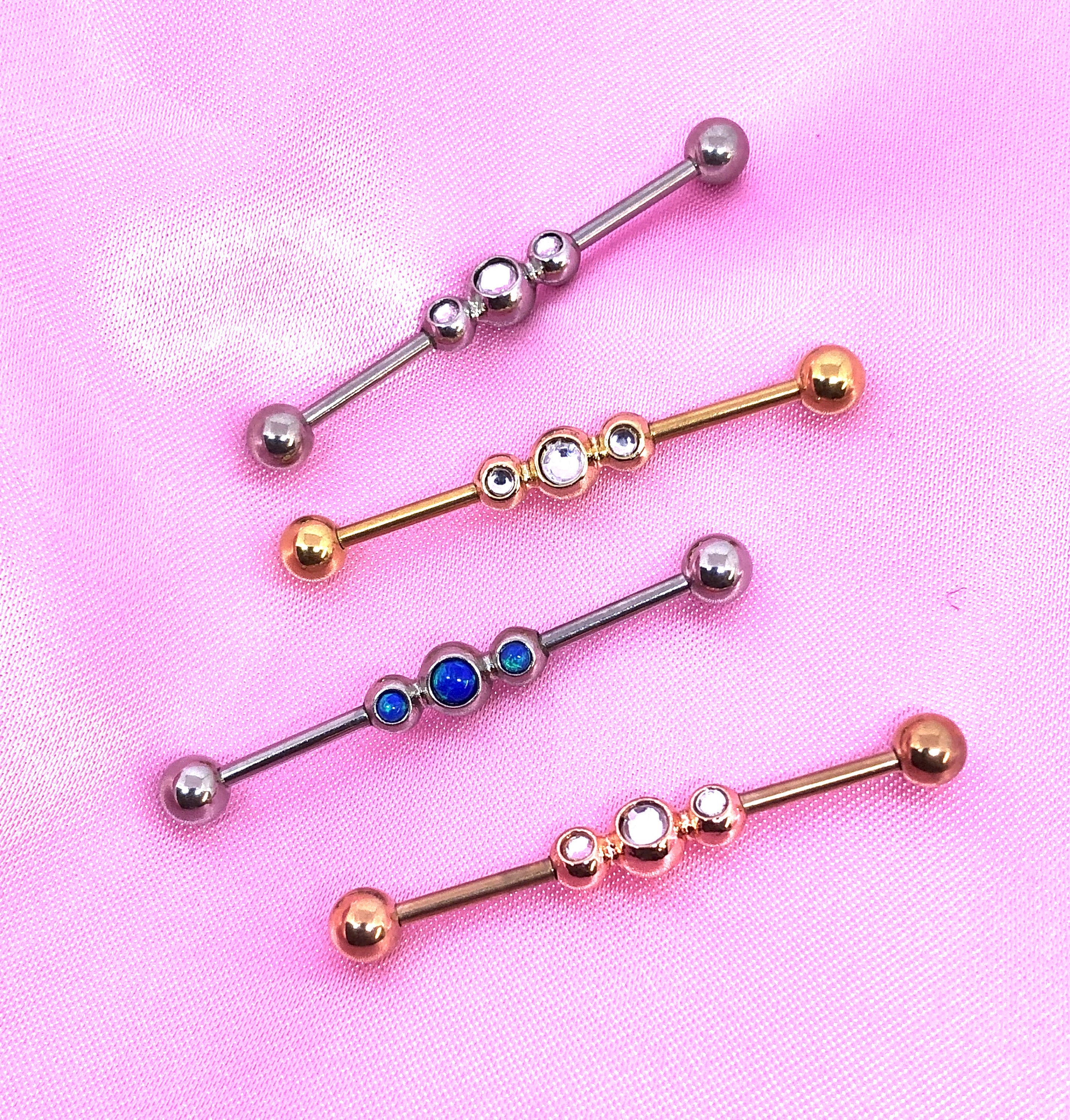 Double Front Facing Gem 316L Surgical Steel Industrial Barbell 14G 1-1/2" 