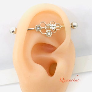 316L Surgical Steel Bee Hive Industrial Barbell With CZ Stones 14G Body Piercing Jewelry