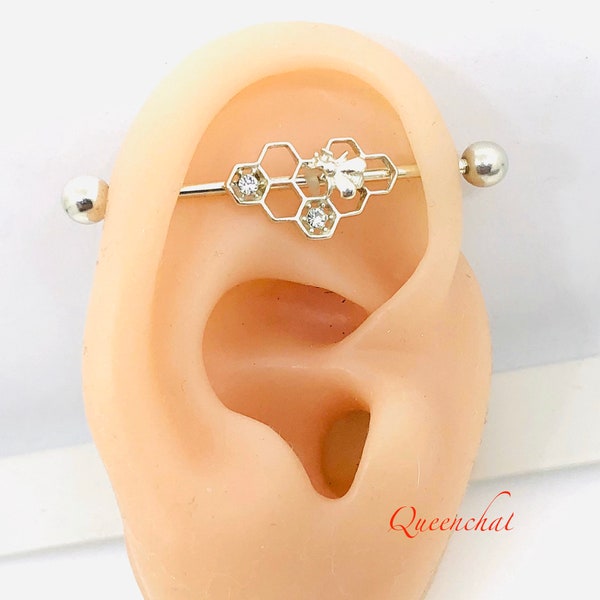 14G Industrial Barbell, 3 Stone CZ Earring, Surgical Steel Scaffolding Bar