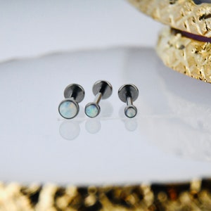 16G (1.2mm) F136 Titanium Bezel Set White Opal Ball Labret Internally Threaded Hypoallergenic Barbell Piercing