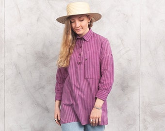 Vintage 90s Pink Longline Shirt . 90s Striped Long Shirt Tunic Top Bohemian Shirt Half Button Shirt Smock Shirt 90s Clothing . size Small