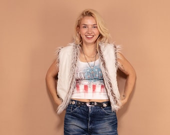 00s Cropped Afghan Vest, Vintage Women, Size Small, Gilet, Sleeveless Jacket, White Penny Lane Vest, Boho Fashion, Y2K Style Faux Sheepskin