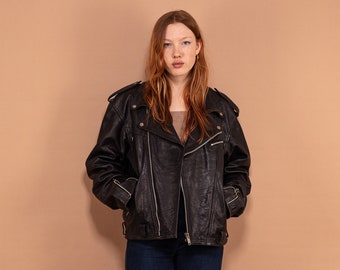 Vintage Biker Jacket 90's, Size XL XXL, Oversized Leather Jacket, Rocker Women Jacket, Motorcycle Jacket, Punk Streetwear, Genuine Leather