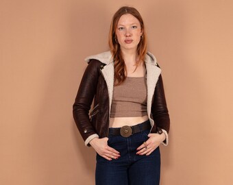00s Vintage Brown Y2K Faux Leather Sherpa Jacket, Moto Style, Size XS