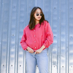 90s Womens Red Bomber Jacket . Lightweight Autumn Jacket Vintage Outerwear Button Up Jacket 1990s Clothing Girlfriend Wear . size Medium image 1