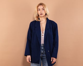 Oversized Blazer Jacket 80s, Women Size Large L Retro Blazer, BlueBlazer, Vintage Blazer, Oversized Wool Jacket, Formal Preppy Outerwear