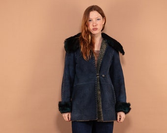 Teal Blue Sheepskin Coat 70s, Size Small S Shearling Suede Coat, Boho Style Overcoat, Vintage Women Outerwear, Blue Fur Coat, Timeless Coat
